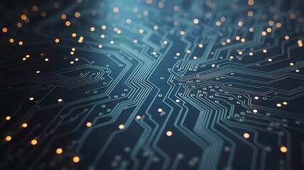 Macro view of glowing circuit board with digital data flow and futuristic network connections
