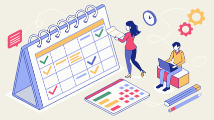 Isometric Illustration of Time Management and Productivity with Calendar and People.