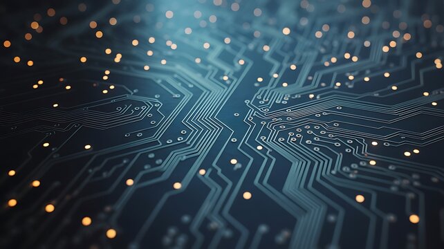 Macro view of glowing circuit board with digital data flow and futuristic network connections