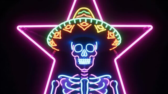 Animated neon skeleton wearing sombrero in front of a star against black background. Colorful lights glowing in the dark to celebrate the day of the dead or party