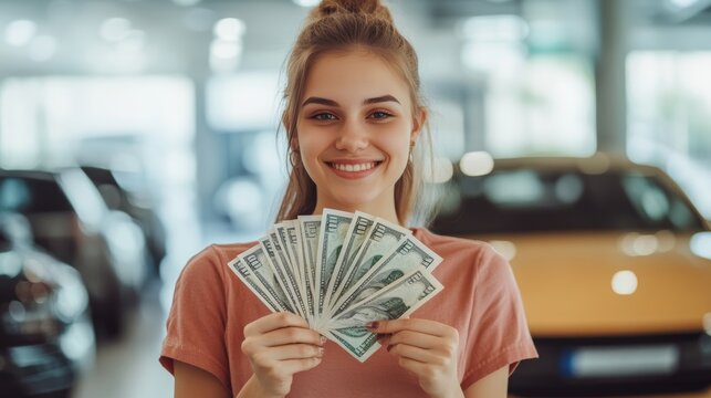 Woman client in shirt holds cash and fan, eager to purchase new automobile at dealership