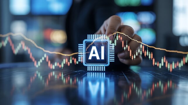 Artificial intelligence in digital marketing ai chip symbol on blurred financial data graphs
