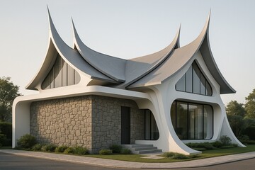 Exterior Design of House. Futuristic Style Mix Indonesia Gadang House Style