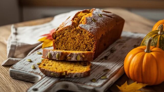 Pumpkin bread loaf sliced on a wooden board with pumpkins seeds cloth and fall leaves