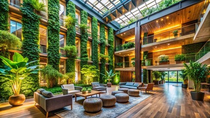 Luxurious Biophilic Hotel Lobby: 8K Architectural Photography of a Stunning Atrium with Living Wall