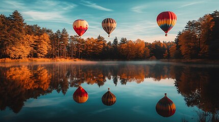 Three Hot Air Balloons Soar Above Autumnal Lake Reflections