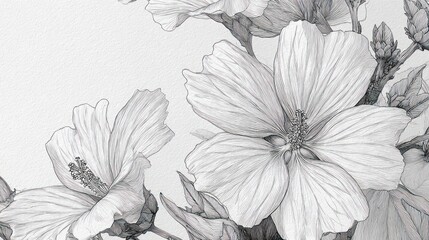 Grayscale drawing of blooming hibiscus with delicate petals & budding branches