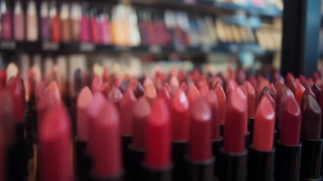 A row of brightly colored lipsticks in a cosmetics store. 4k video