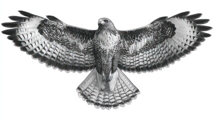 Obraz premium Hawk in flight, spread wings, feathers visible in detail, monochrome, bird's eye