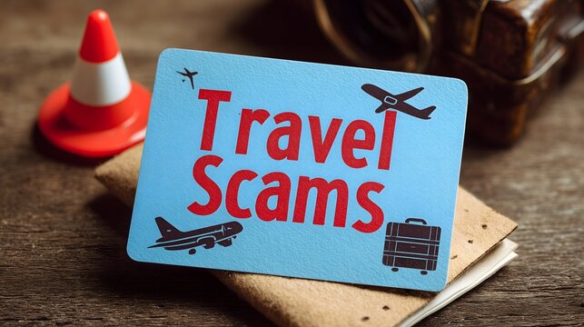 Travel scams warning card with airplane and luggage icons, concept of tourist fraud, vacation safety, holiday trip awareness, and travel security tips