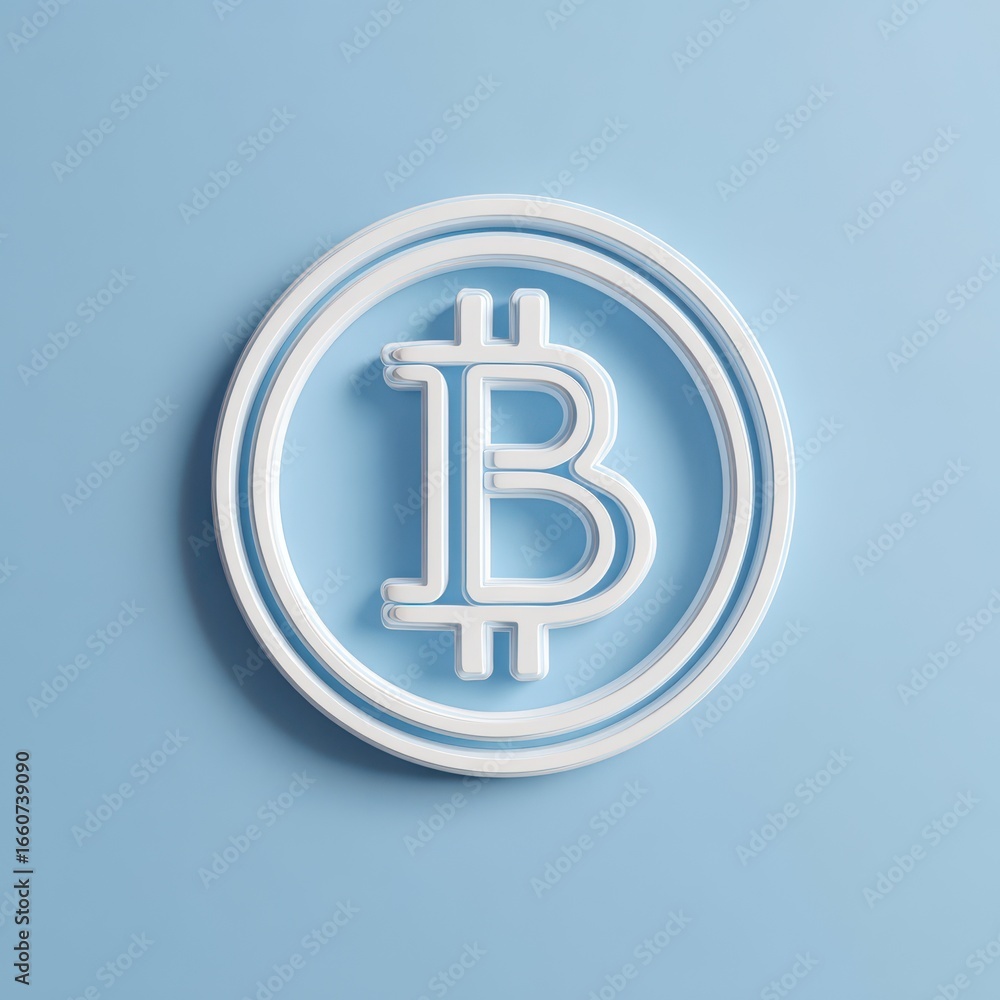 Poster minimalist white bitcoin cryptocurrency symbol in a circular shape against a light blue background r