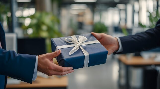 Businessman giving blue gift box with silver ribbon in office, concept of corporate gifting, appreciation, rewards, and professional celebration