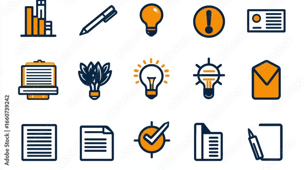 Poster a collection of various business and office related icons including graphs charts documents and plan