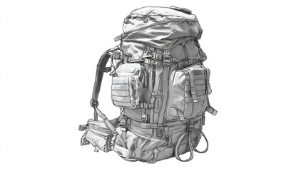 Highly detailed sketch of a large, buckled, outdoor backpack