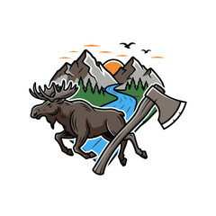 Fototapeta premium A running moose with an axe, set against a stunning mountain river landscape at sunset.