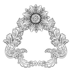 Engraving ornate frame with flower and leaved vector illustration
