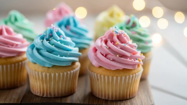Six cupcakes in pastel frosting sit on a wooden surface bokeh lights in the background
