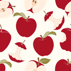 Seamless pattern featuring whole apples, slices, and leaves in red tones on cream background, ideal for kitchen decor, packaging, and autumn designs.