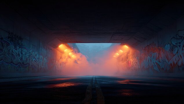 Dark tunnel with graffiti, glowing lights, and atmospheric fog