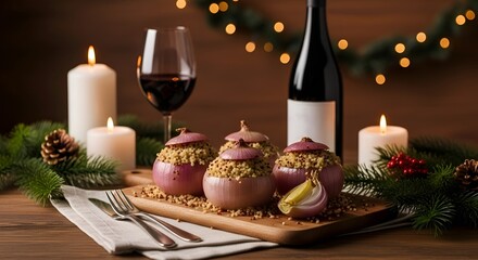 Festive Holiday Feast - Stuffed Apples, Wine, and Candlelit Christmas Ambiance.