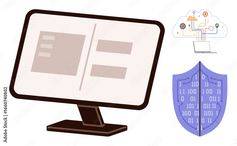 Poster computer monitor displaying interface, shield with binary code, cloud with network connections and d