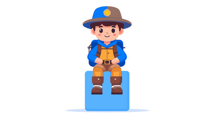Fototapeta premium Adventurous young explorer sitting atop a vibrant blue block, ready for exploration