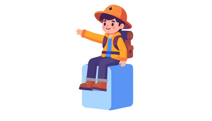 Young Explorer with Backpack and Hat Sitting on a Blue Block