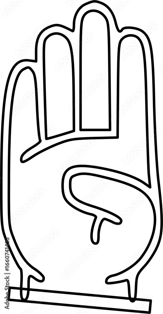 Poster line drawing of a symbolic hand with a small symbol in the palm.