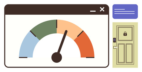 Speedometer-style gauge with color range, needle indicating risk. Closed door with lock icon suggesting security. Ideal for cybersecurity, data protection, risk management, access control, privacy