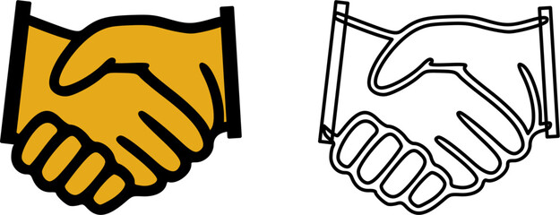 Obraz premium Two stylized hands shaking in a gesture of agreement and partnership, one colored gold and the other outlined.