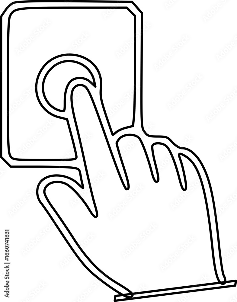 Poster line drawing of a hand clicking a button on a digital interface.