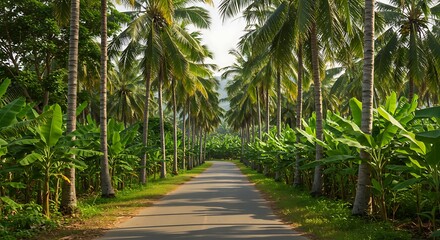 A serene road winds through a tropical landscape, lined with lush palm and banana trees.