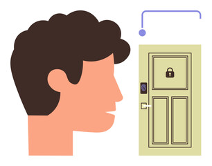 Profile of a person facing a door equipped with a biometric lock and face recognition sensor. Ideal for biometrics, security, technology, authentication, privacy, innovation, simple flat metaphor