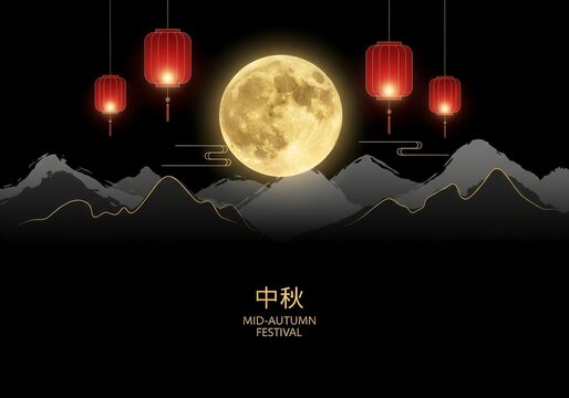 A traditional greeting for the Mid-Autumn Festival, featuring the harvest moon and glowing Chinese lanterns over a serene landscape

