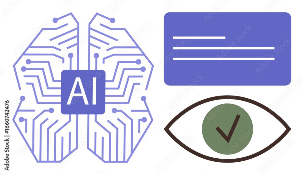 Fototapete ai brain with circuitry pattern, eye with check mark, and text block highlight machine learning, dat