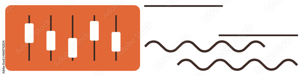 Poster vertical sliders on equalizer panel next to straight and wavy lines denoting sound modulation. ideal