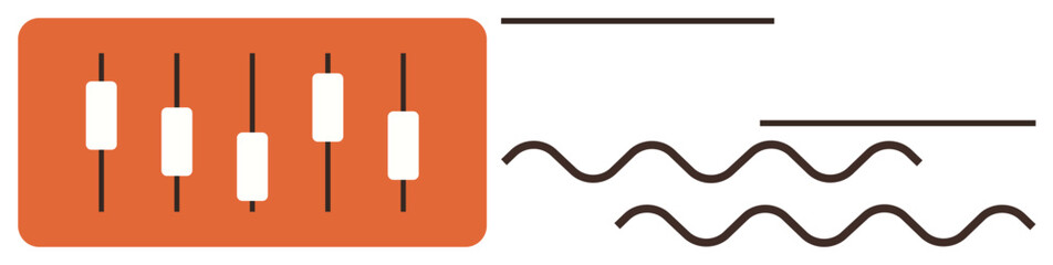 Vertical sliders on equalizer panel next to straight and wavy lines denoting sound modulation. Ideal for music, audio editing, technology, sound engineering, rhythm, control, creativity. Clean