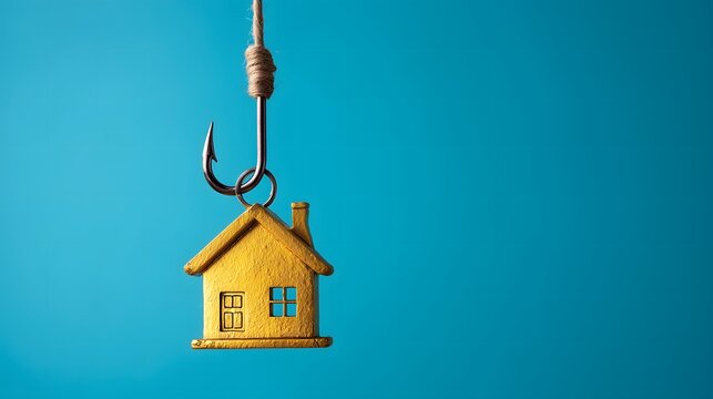 House on fishing hook symbolizing real estate scam, property fraud, mortgage trap, and housing market deception concept with blue background