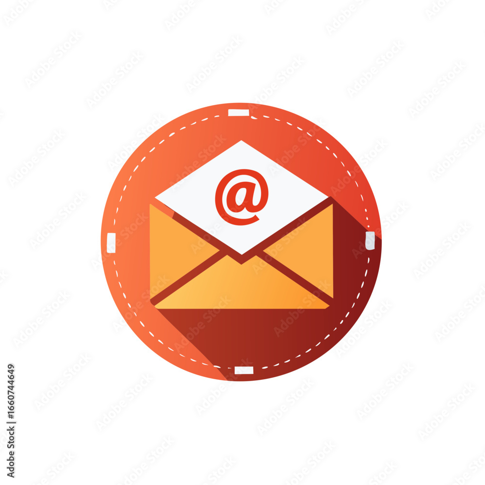 Poster stylized envelope with at symbol represents electronic mail in circular design, ideal for digital co