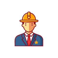 Cartoon worker with hard hat and star icon, cartoon builder person avatar character