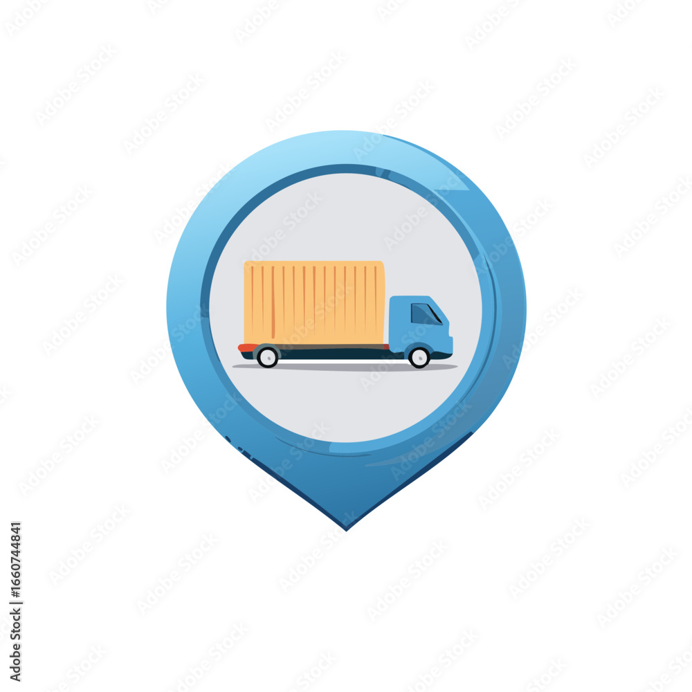 Poster delivery truck icon with location pointer navigation sign