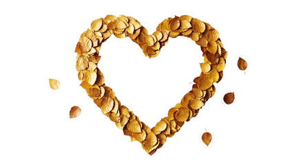 Obraz premium Symbol of love and romance, a heart shape delicately arranged with golden autumn leaves on a clean white background.