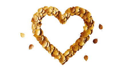 Symbol of love and romance, a heart shape delicately arranged with golden autumn leaves on a clean white background.
