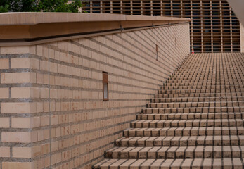 Symmetrical brick staircase with clean modern lines and repeating geometric patterns. Abstract...