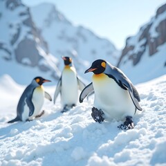 Penguins Sliding on Snow Slope on ice