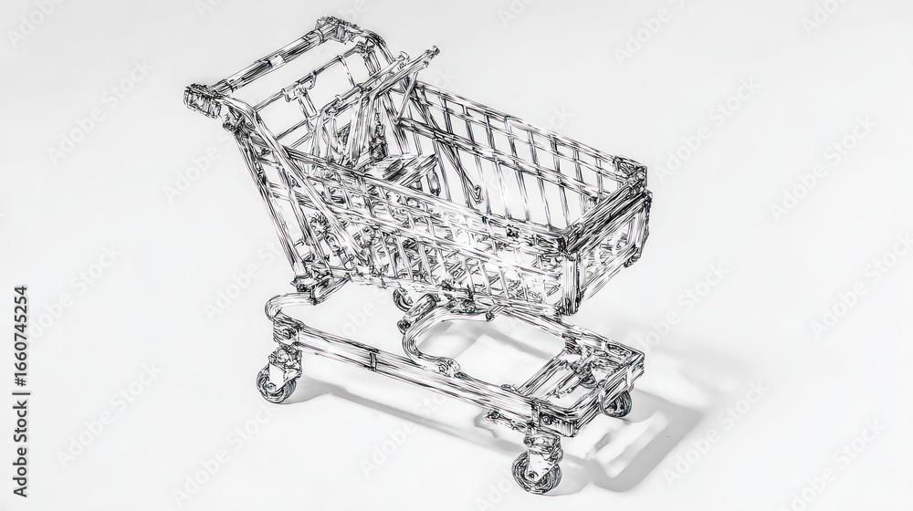 Poster wireframe rendering of a small shopping cart on a white surface with shadow