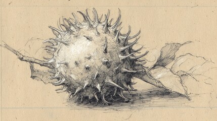 Fototapeta premium Sketch of a prickly chestnut bur, twig, and leaf, rendered in graphite on tan paper