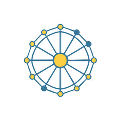Circular icon illustration with blue spokes and yellow and blue orbs