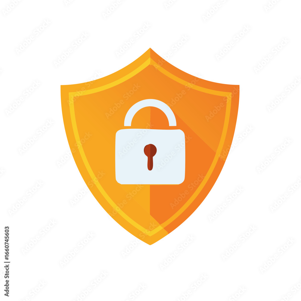 Poster orange shield with padlock symbolizing data protection and security