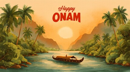 Happy Onam festival greeting with Kerala traditional boat race at sunset, tropical palm trees, scenic river landscape, and cultural celebration background design